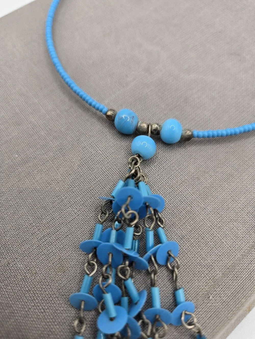 Y2k 90s Torque Choker Necklace Beaded Beachy Boho Mermaid Resort Blue - Picture 3 of 6
